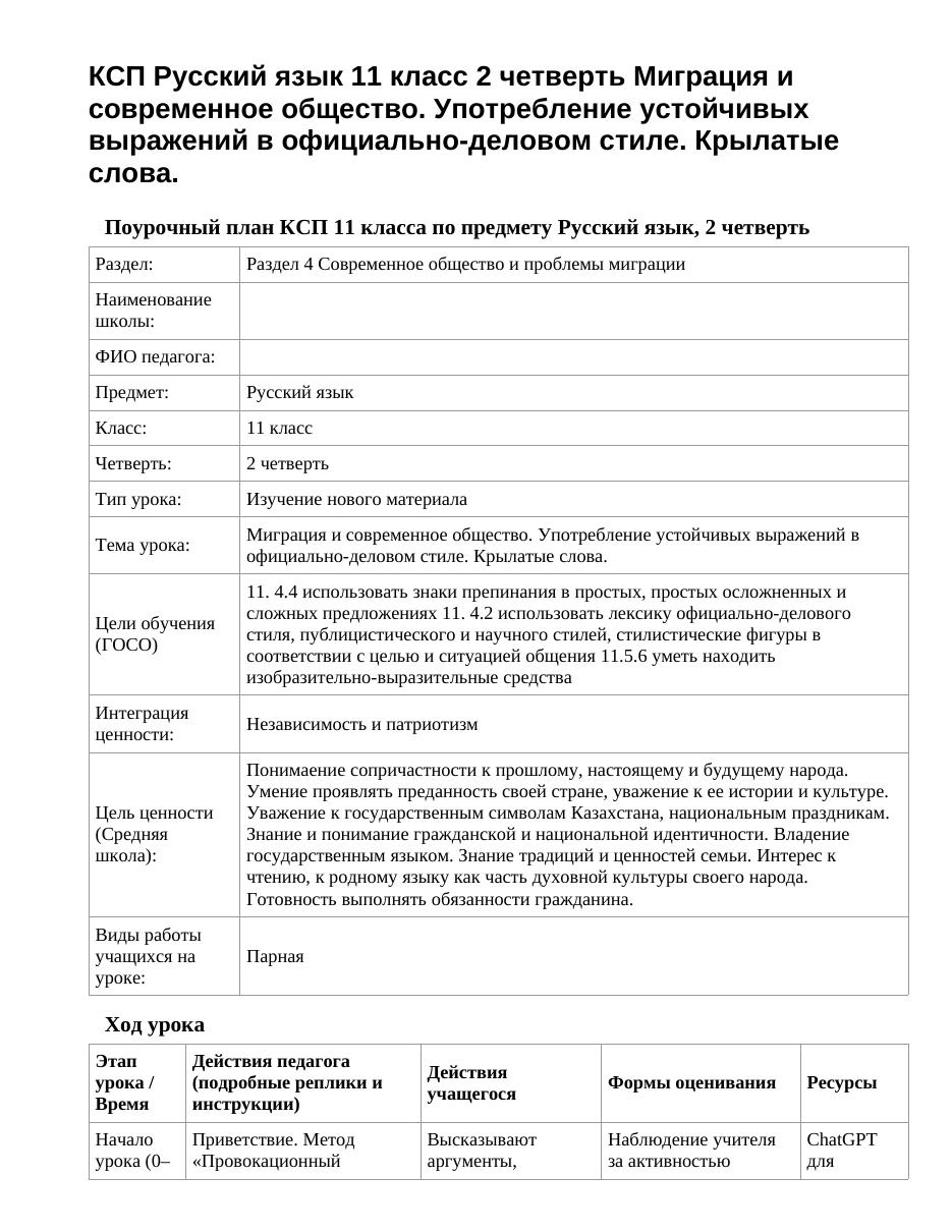 КСП Русский язык 11 класс 2 четверть Миграция и современное общество. Употребление устойчивых выражений в официально-деловом стиле. Крылатые слова.