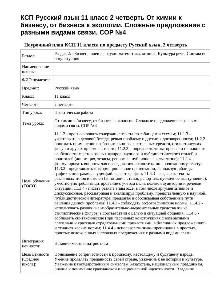 КСП Русский язык 11 класс 2 четверть От химии к бизнесу, от бизнеса к экологии. Сложные предложения с разными видами связи. СОР №4
