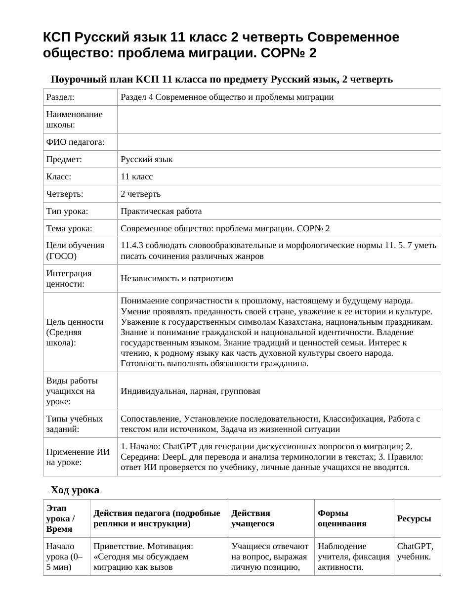 КСП Русский язык 11 класс 2 четверть Современное общество: проблема миграции. СОР№ 2