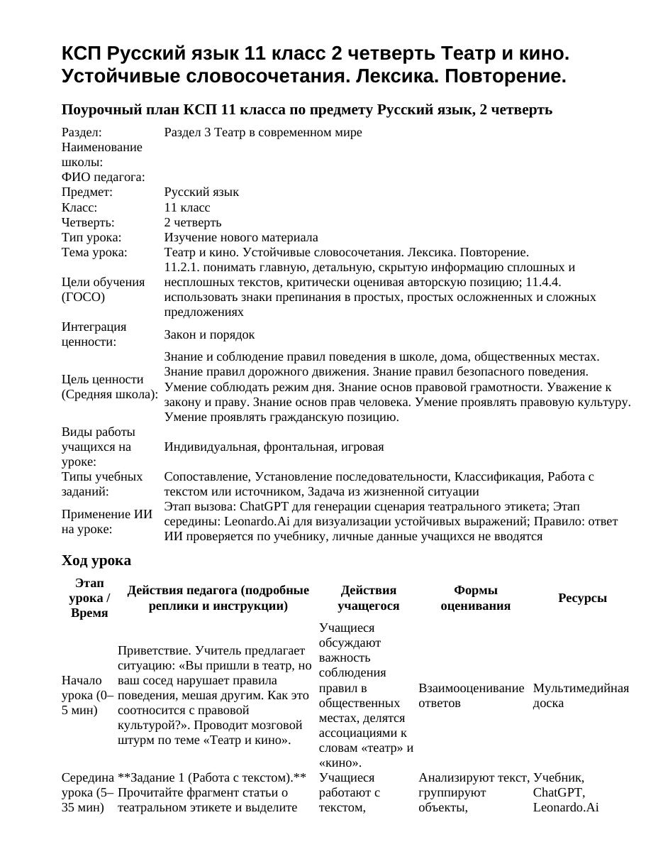 КСП Русский язык 11 класс 2 четверть Театр и кино. Устойчивые словосочетания. Лексика. Повторение.