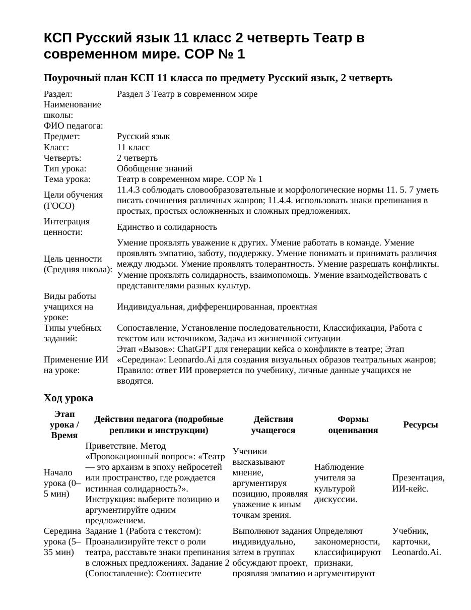 КСП Русский язык 11 класс 2 четверть Театр в современном мире. СОР № 1