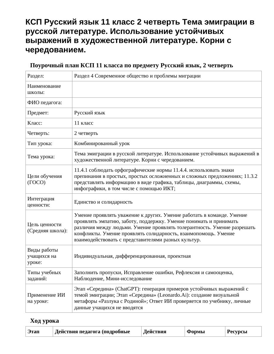 КСП Русский язык 11 класс 2 четверть Тема эмиграции в русской литературе. Использование устойчивых выражений в художественной литературе. Корни с чередованием.