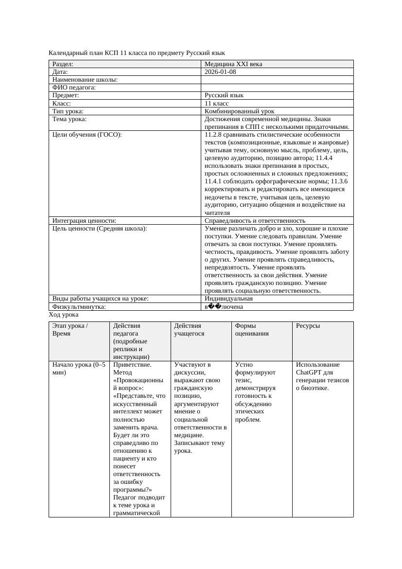 КСП Русский язык 11класс 3четверть Достижения современной медицины