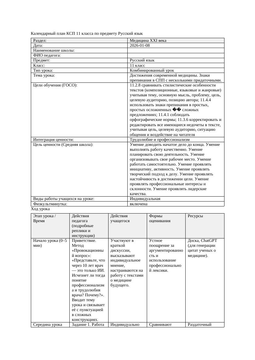 КСП Русский язык 11класс 3четверть Достижения современной медицины