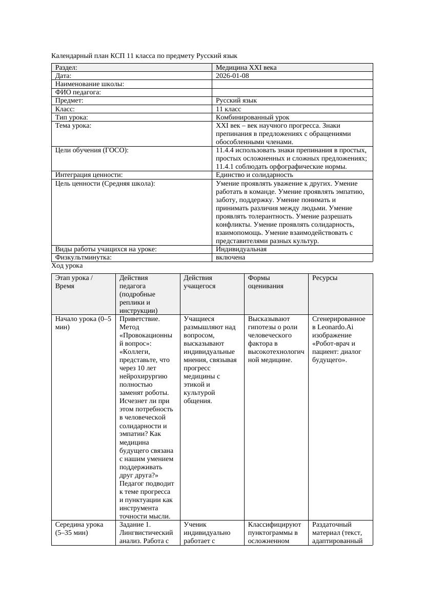 КСП Русский язык 11класс 3четверть ХХI век век научного прогресса