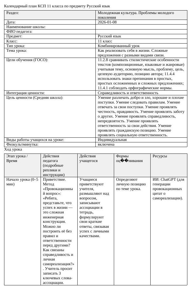 КСП Русский язык 11 класс 3 четверть Как реализовать себя в жизни (урок 1)