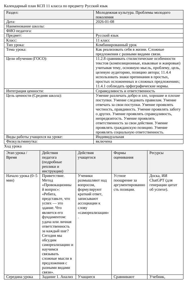 КСП Русский язык 11 класс 3 четверть Как реализовать себя в жизни (урок 2)
