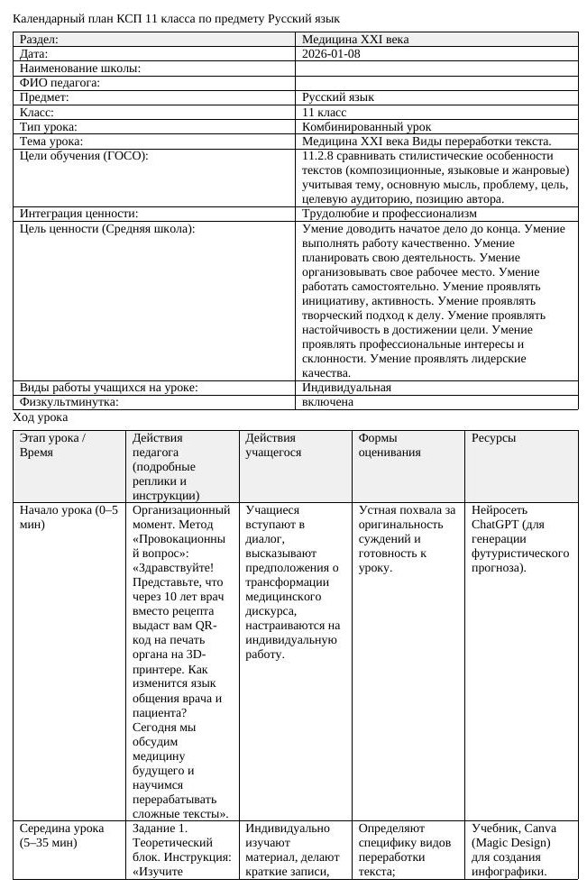 КСП Русский язык 11 класс 3 четверть Медицина ХХI века Виды переработки
