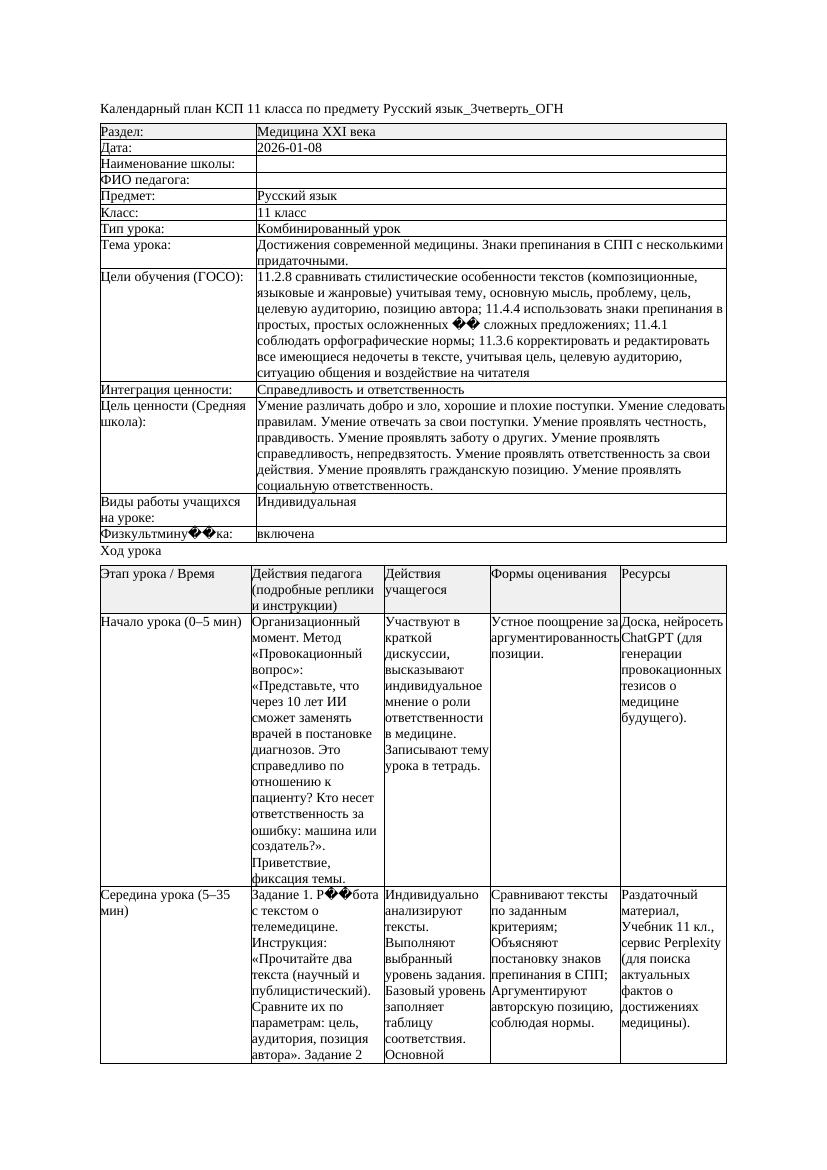 КСП Русский язык 11класс 3четверть ОГН Достижения современной медицины