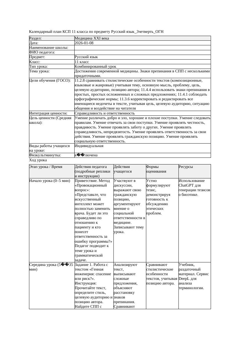 КСП Русский язык 11класс 3четверть ОГН Достижения современной медицины