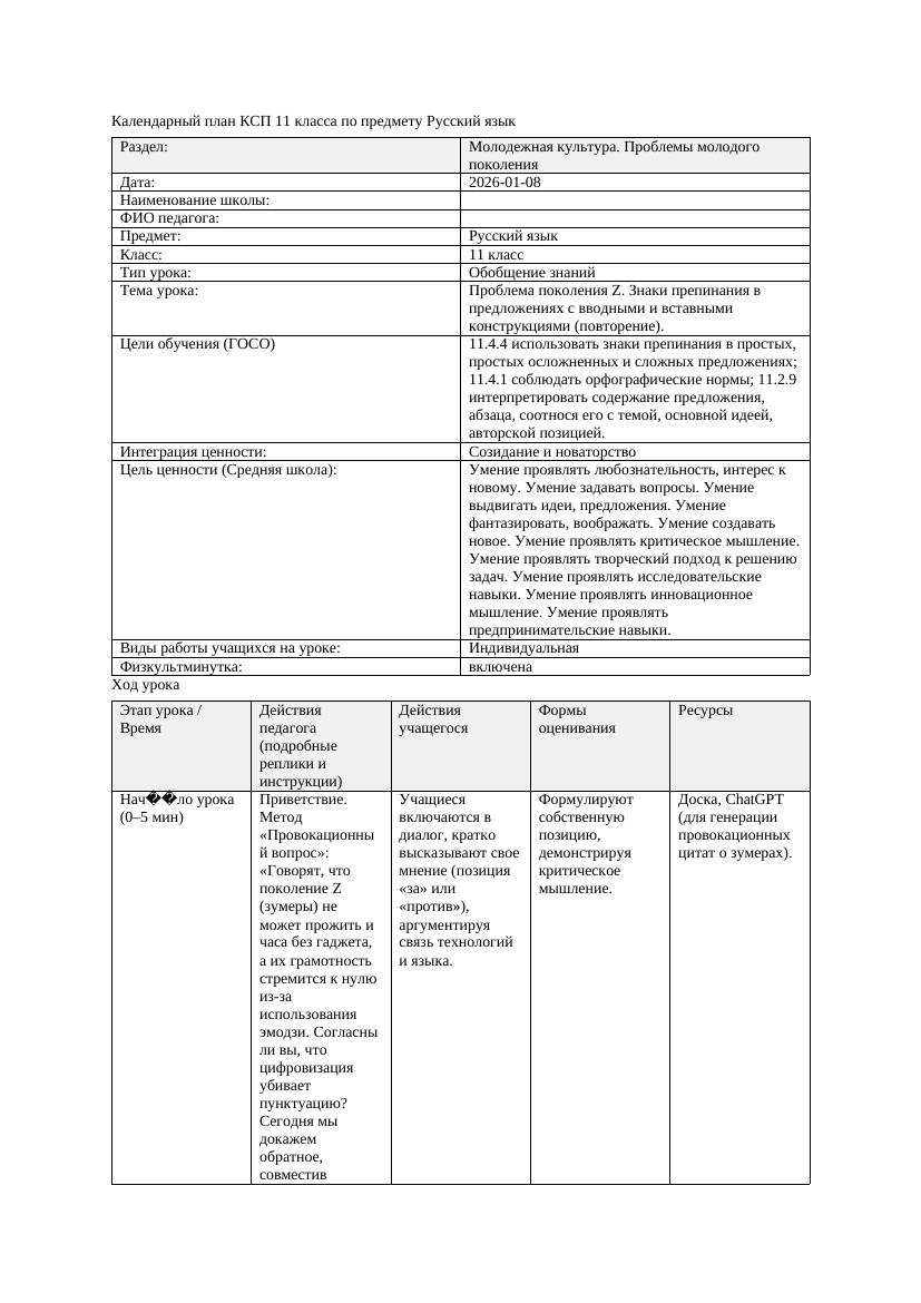 КСП Русский язык 11класс 3четверть Проблема поколения Z Знаки препинания