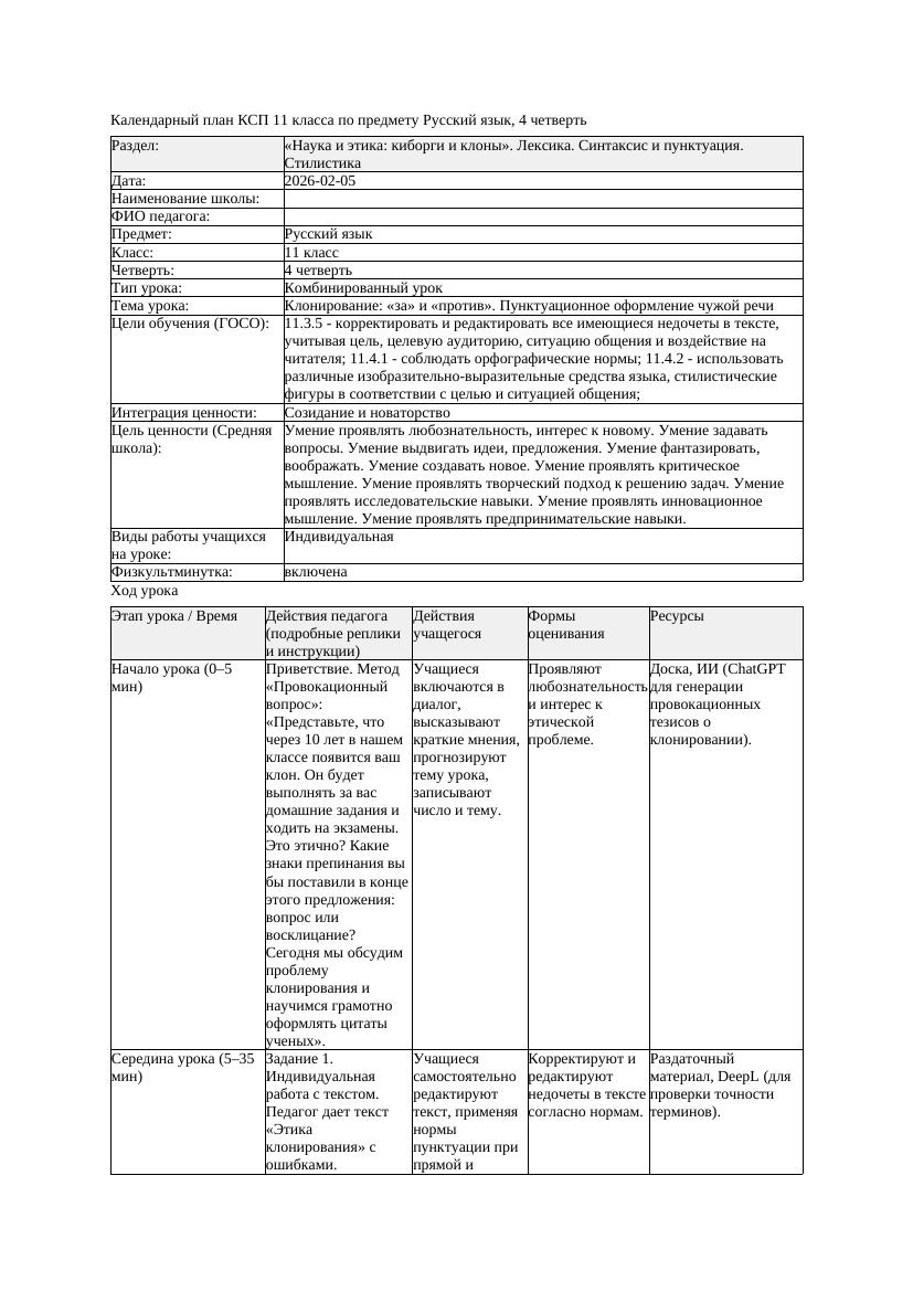 КСП Русский язык 11класс ЕМН 4четверть Клонирование за и против