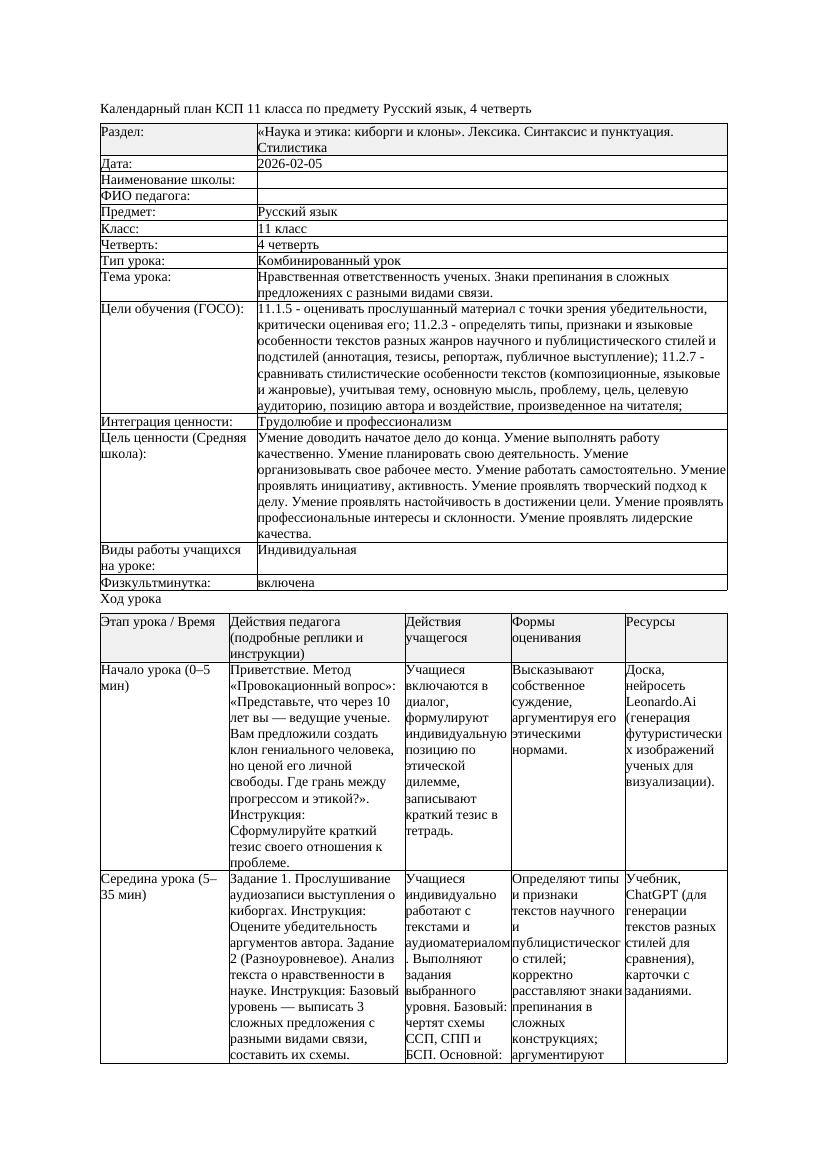 КСП Русский язык 11класс ЕМН 4четверть Нравственная ответственность
