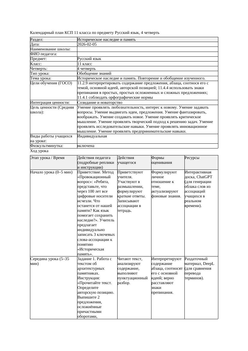 КСП Русский язык 11класс ОГН 4четверть Историческое наследие и память