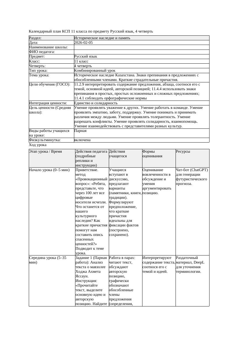 КСП Русский язык 11класс ОГН 4четверть Историческое наследие Казахстана