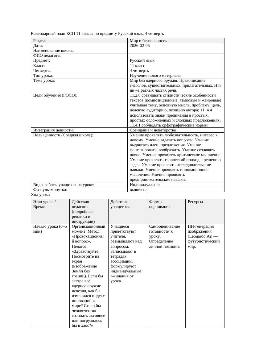 КСП Русский язык 11класс ОГН 4четверть Мир без ядерного оружия Правописание
