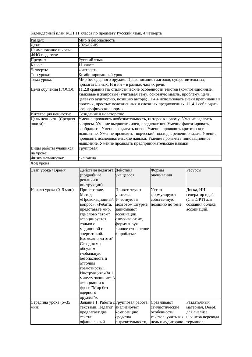 КСП Русский язык 11класс ОГН 4четверть Мир без ядерного оружия Правописание