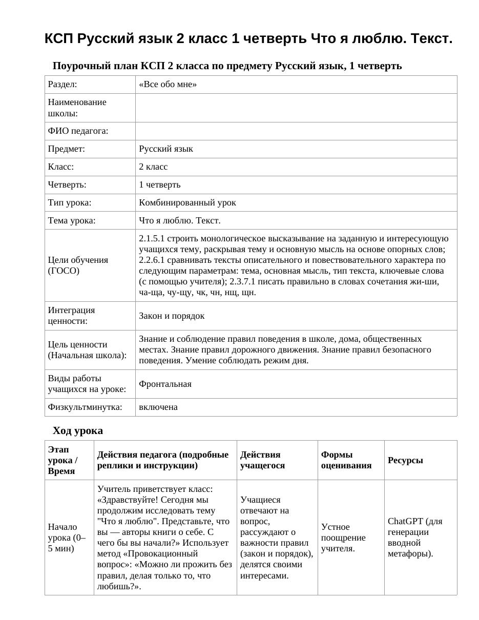 КСП Русский язык 2 класс 1 четверть Что я люблю. Текст.