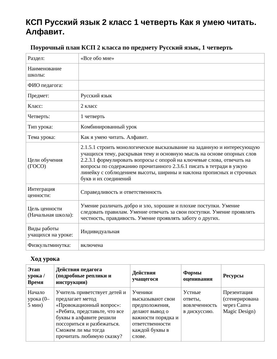 КСП Русский язык 2 класс 1 четверть Как я умею читать. Алфавит.