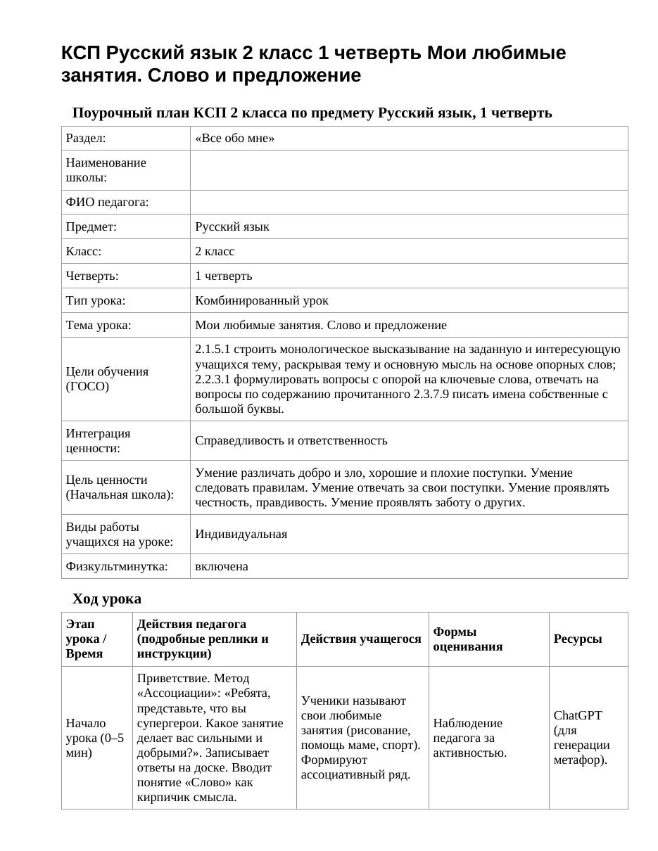 КСП Русский язык 2 класс 1 четверть Мои любимые занятия. Слово и предложение