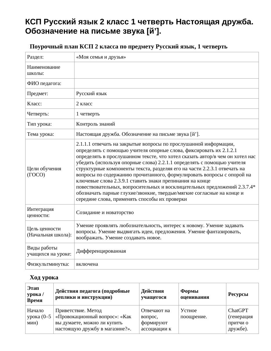 КСП Русский язык 2 класс 1 четверть Настоящая дружба. Обозначение на письме звука [й’].