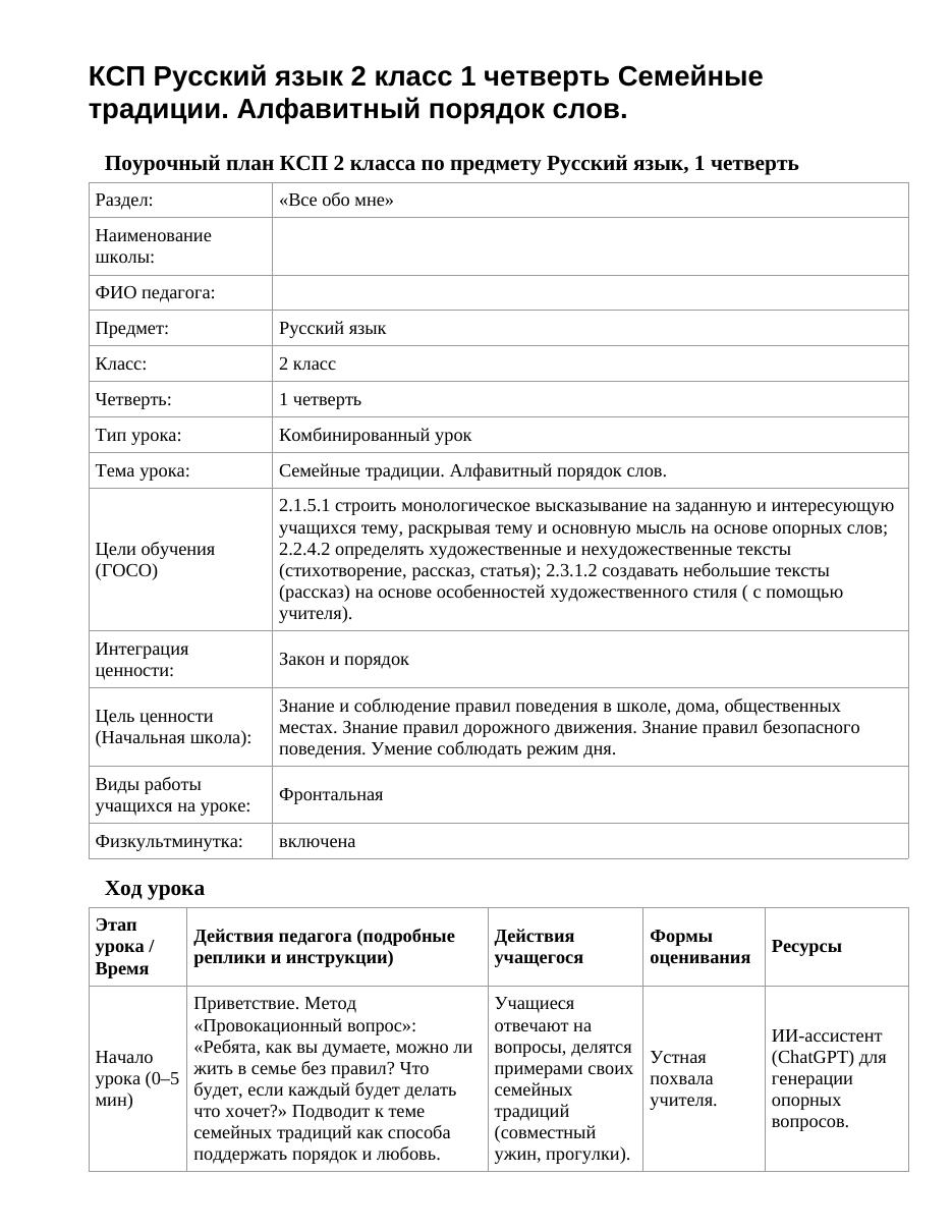 КСП Русский язык 2 класс 1 четверть Семейные традиции. Алфавитный порядок слов.