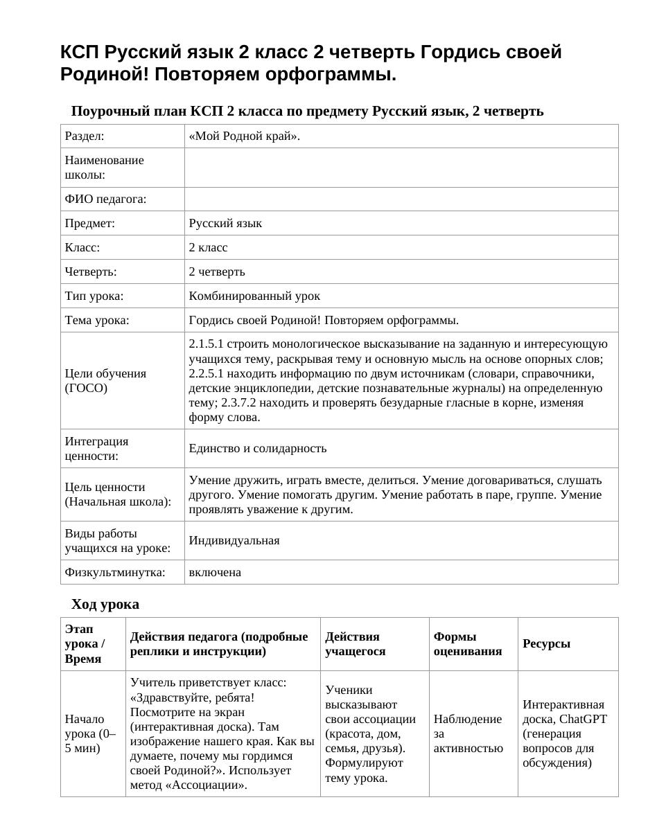 КСП Русский язык 2 класс 2 четверть Гордись своей Родиной! Повторяем орфограммы.