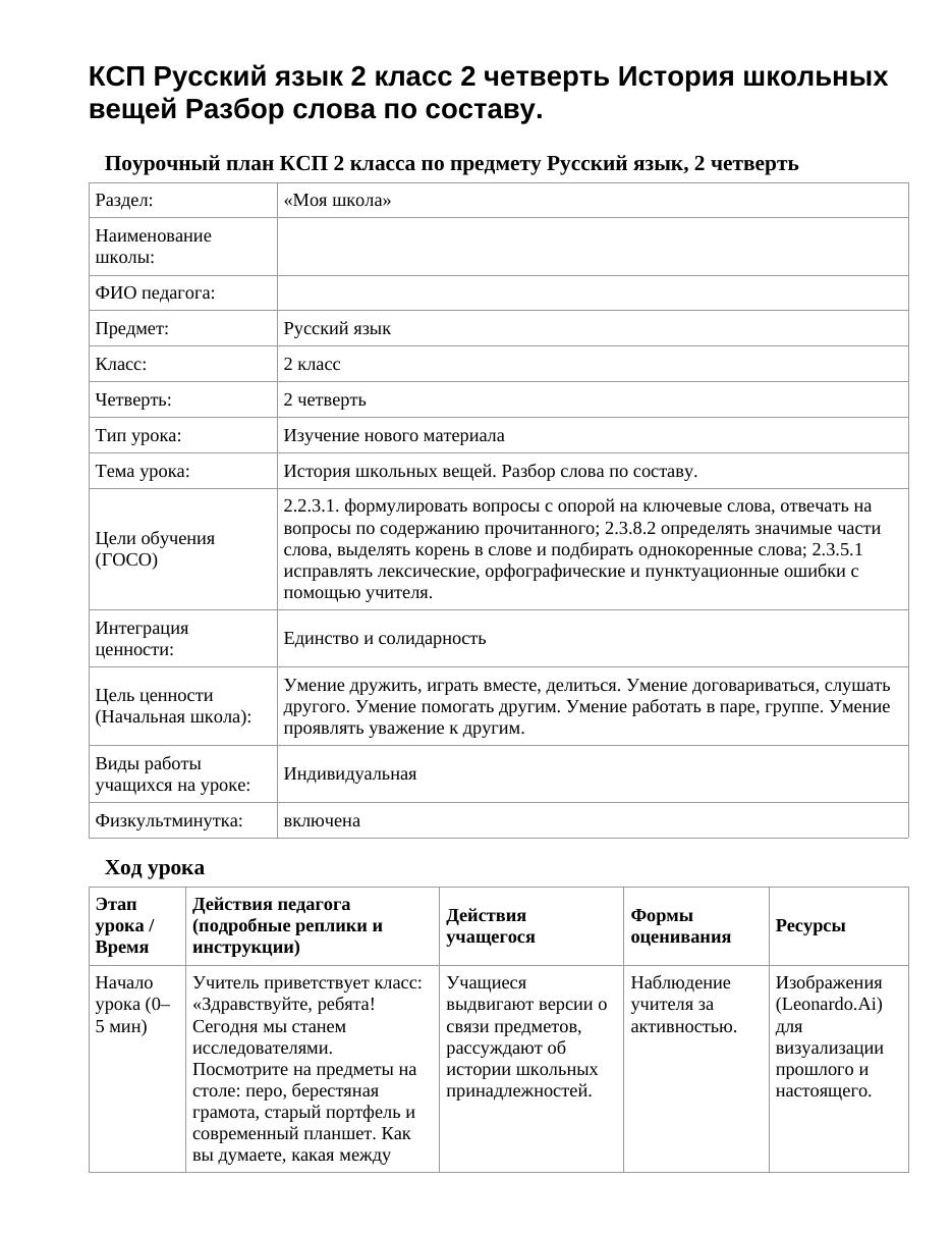 КСП Русский язык 2 класс 2 четверть История школьных вещей Разбор слова по составу.