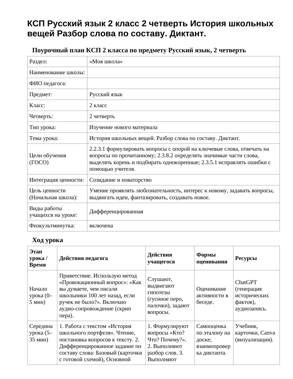КСП Русский язык 2 класс 2 четверть История школьных вещей Разбор слова по составу. Диктант.