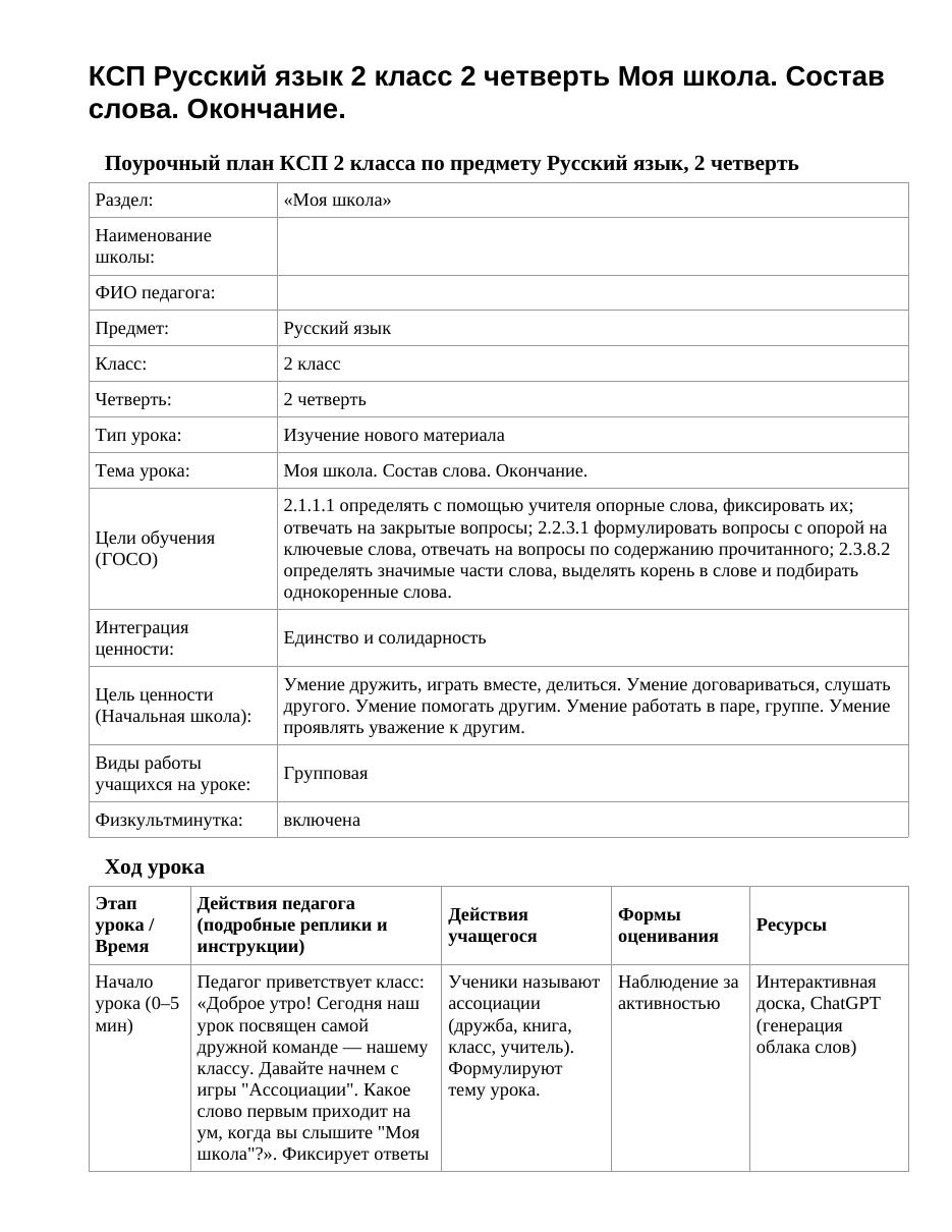 КСП Русский язык 2 класс 2 четверть Моя школа. Состав слова. Окончание.