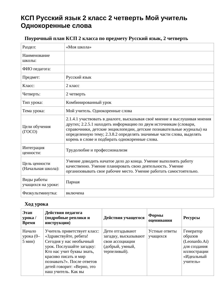 КСП Русский язык 2 класс 2 четверть Мой учитель Однокоренные слова