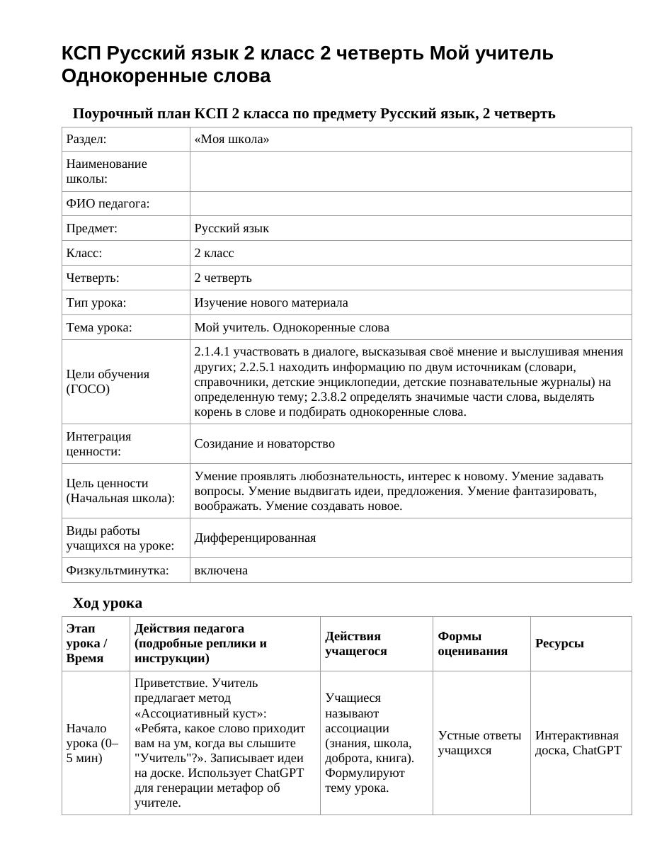 КСП Русский язык 2 класс 2 четверть Мой учитель Однокоренные слова