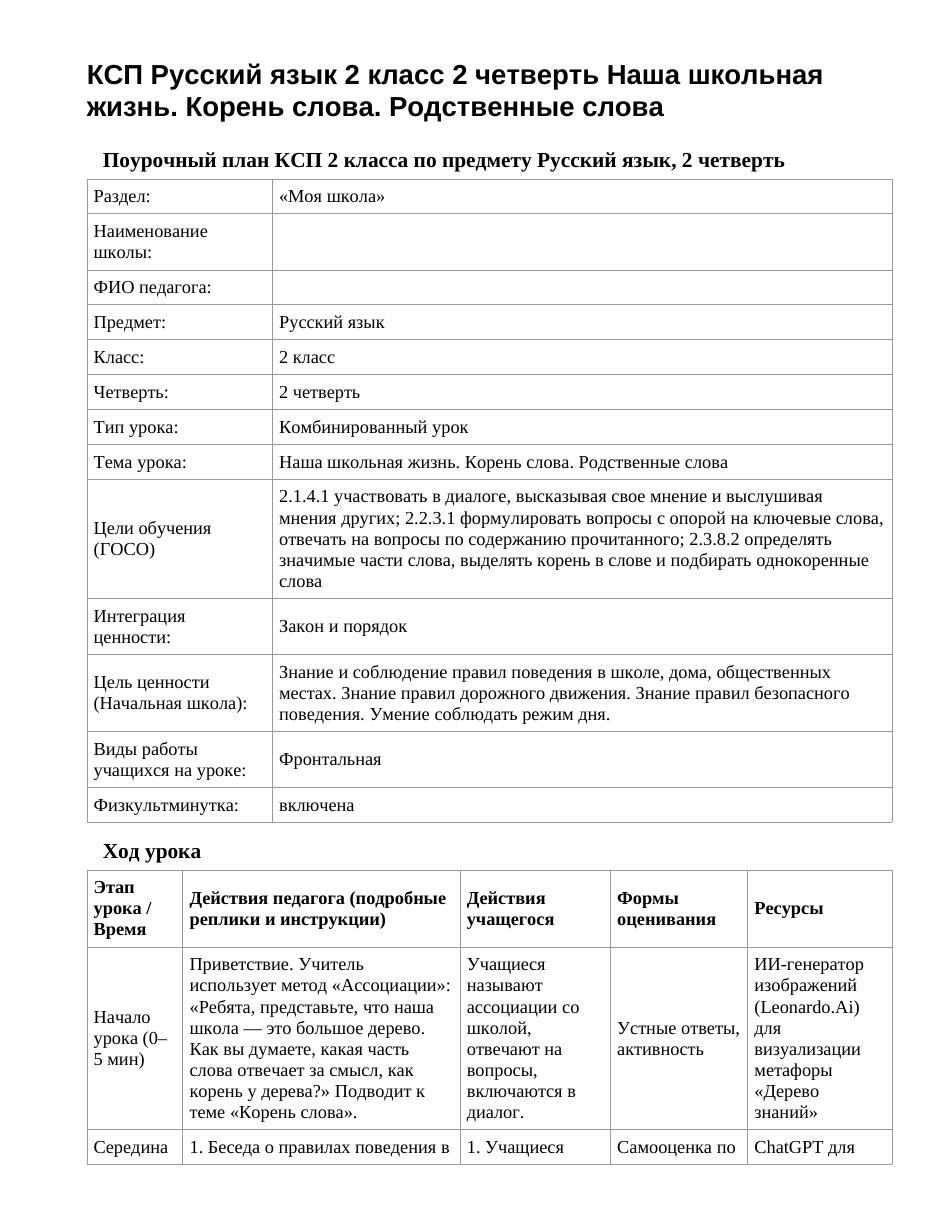 КСП Русский язык 2 класс 2 четверть Наша школьная жизнь. Корень слова. Родственные слова