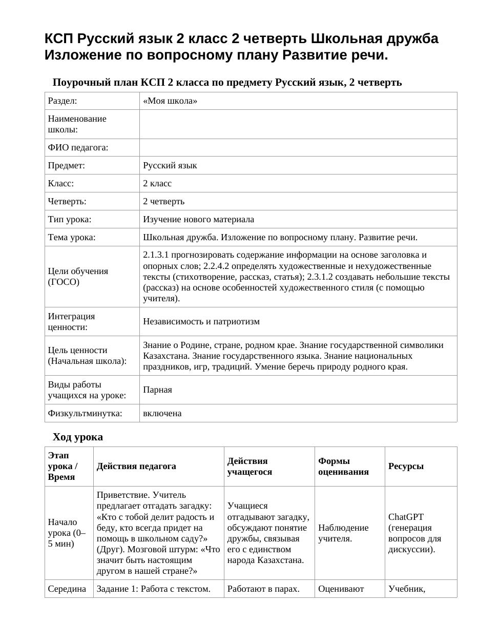 КСП Русский язык 2 класс 2 четверть Школьная дружба Изложение по вопросному плану Развитие речи.