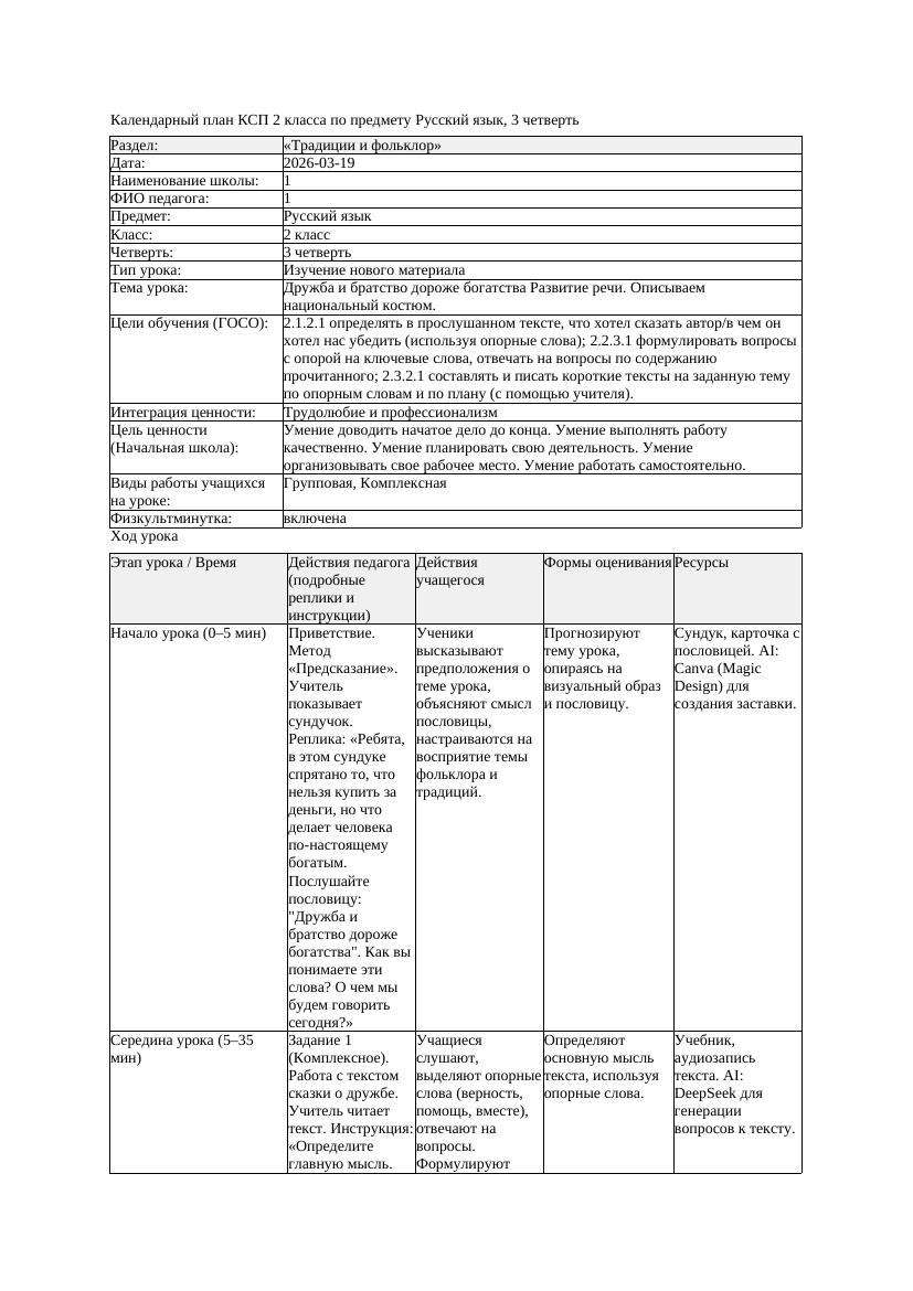 КСП Русский язык 2класс 3 четверть Дружба и братство дороже богатства