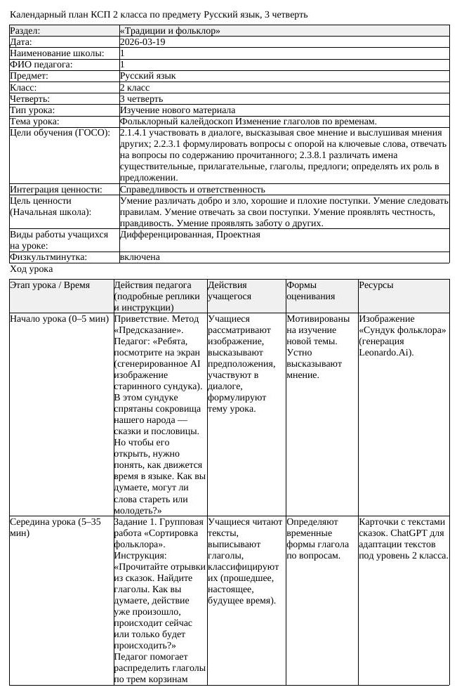 КСП Русский язык 2класс 3 четверть Фольклорный калейдоскоп Изменение