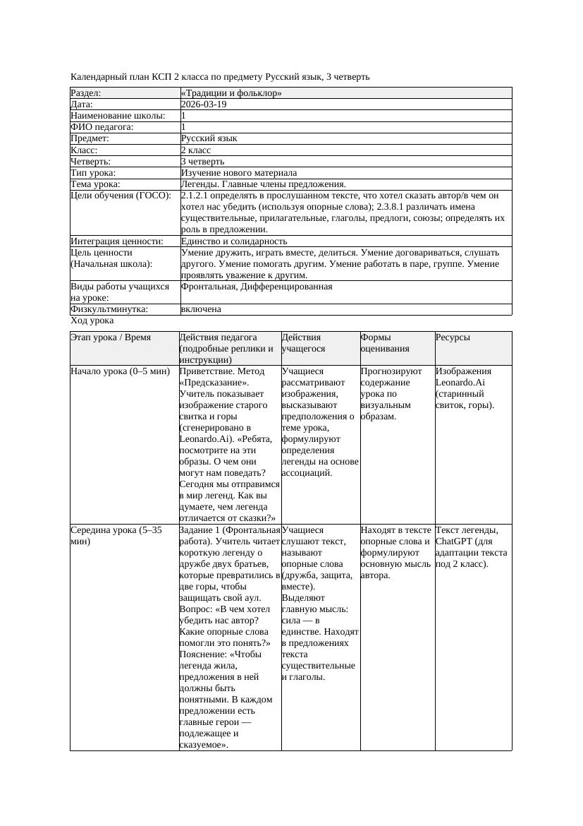 КСП Русский язык 2класс 3 четверть Легенды Главные члены предложения