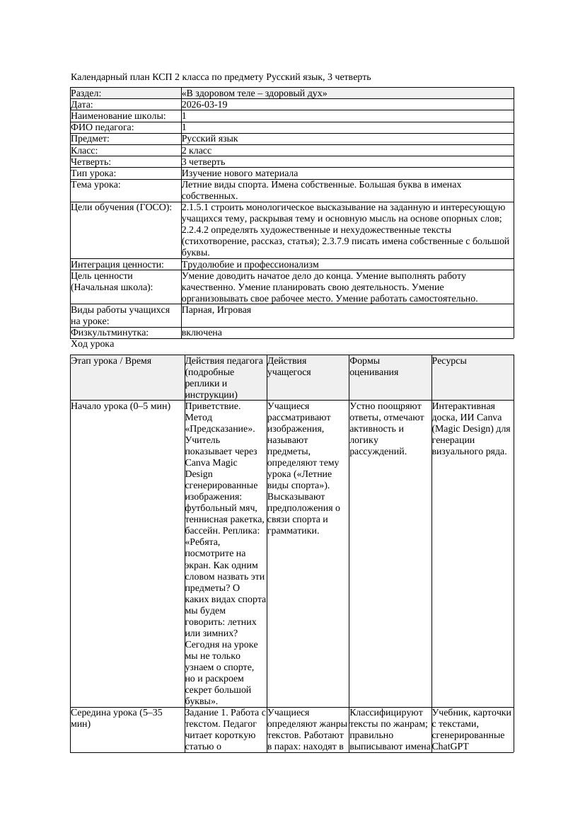 КСП Русский язык 2класс 3 четверть Летние виды спорта Имена собственные
