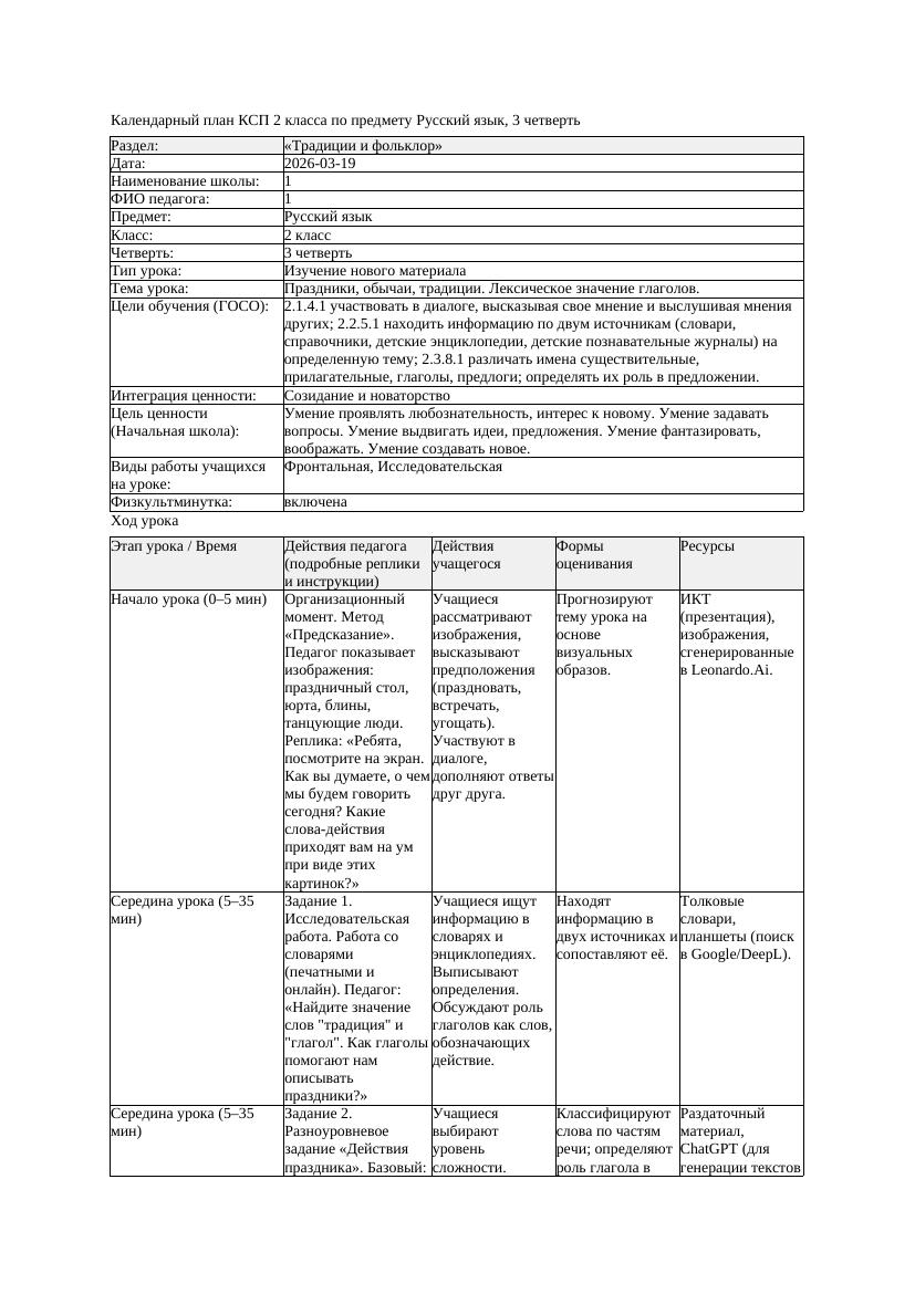 КСП Русский язык 2класс 3 четверть Праздники обычаи традиции Лексическое