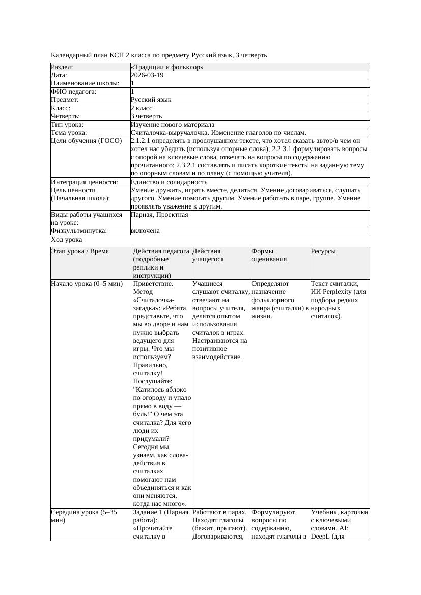 КСП Русский язык 2класс 3 четверть Считалочка выручалочка Изменение