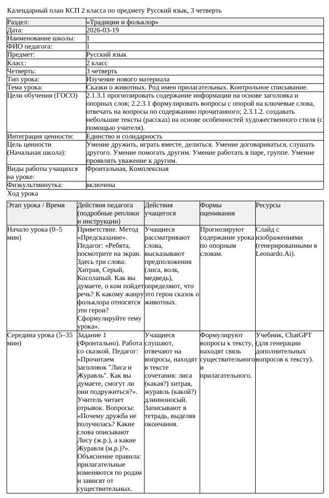 КСП Русский язык 2класс 3 четверть Сказки о животных Род имен прилагательны