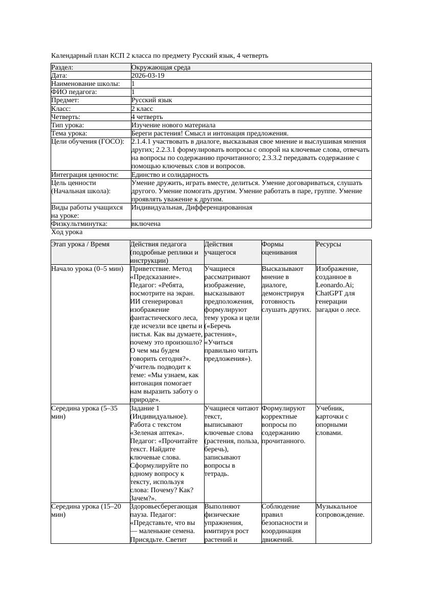 КСП Русский язык 2класс 4 четверть Береги растения Смысл и интонация