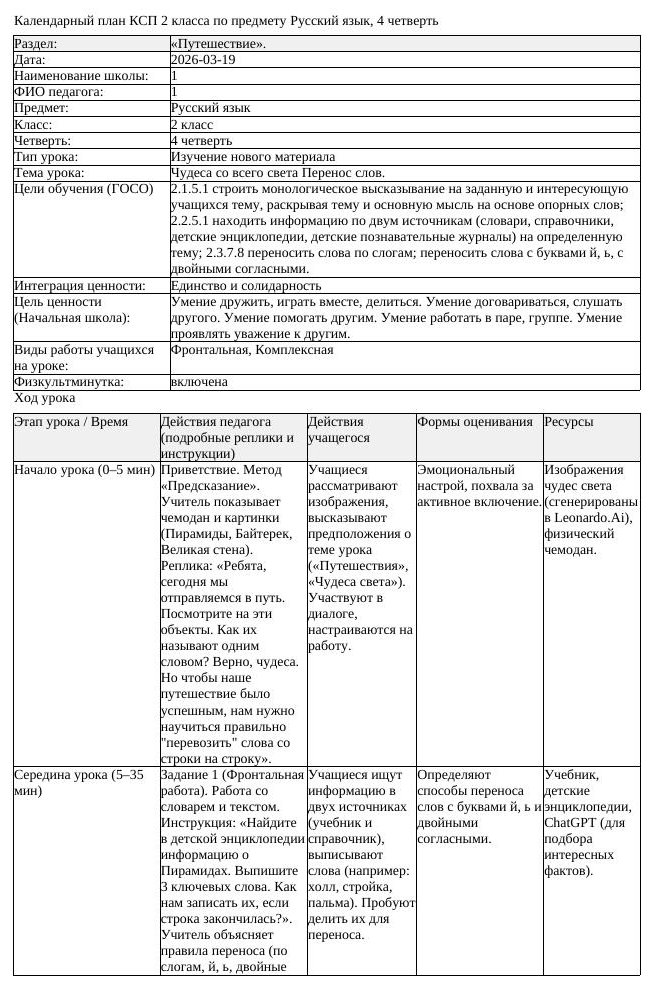 КСП Русский язык 2 класс 4 четверть Чудеса со всего света Перенос (урок 2)