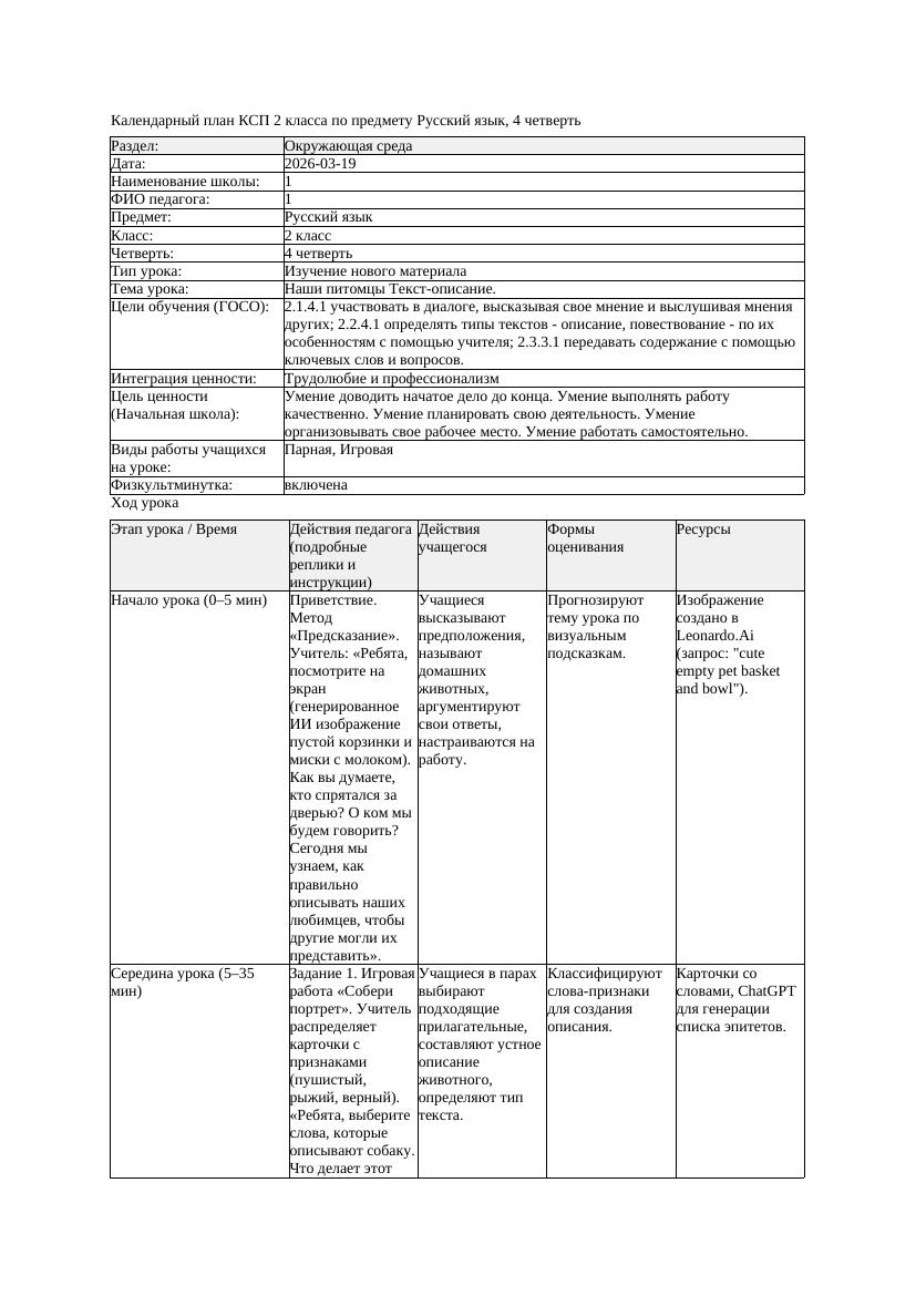 КСП Русский язык 2класс 4 четверть Наши питомцы Текст описание 20260319