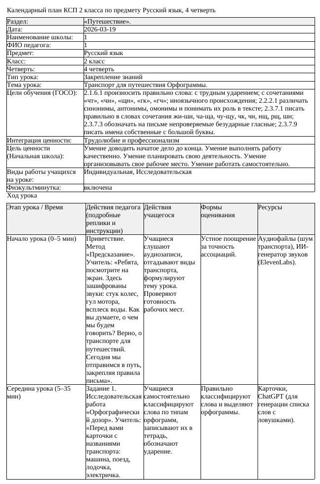 КСП Русский язык 2класс 4 четверть Транспорт для путешествия Орфограммы