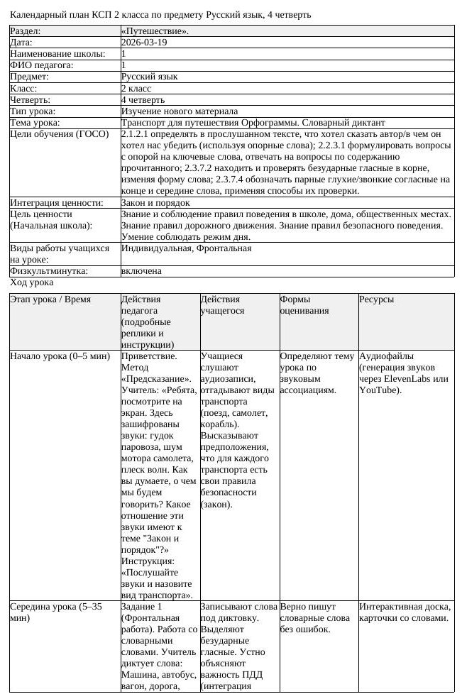 КСП Русский язык 2класс 4 четверть Транспорт для путешествия Орфограммы