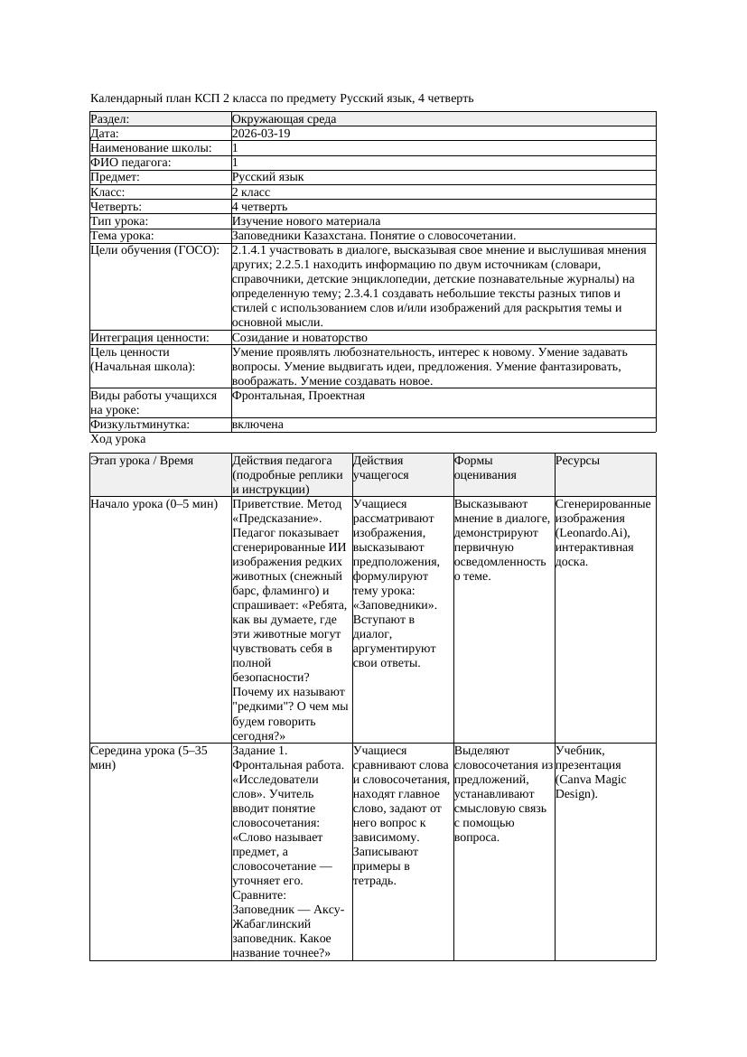 КСП Русский язык 2класс 4 четверть Заповедники Казахстана Понятие