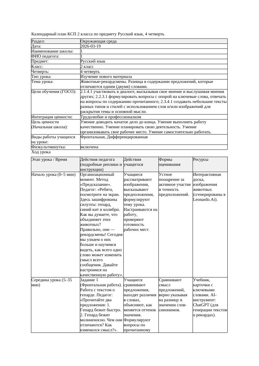 КСП Русский язык 2класс 4 четверть Животные рекордсмены Разница