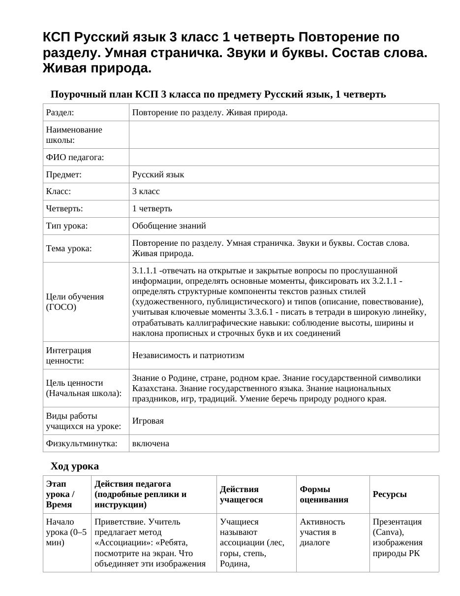 КСП Русский язык 3 класс 1 четверть Повторение по разделу. Умная страничка. Звуки и буквы. Состав слова. Живая природа.