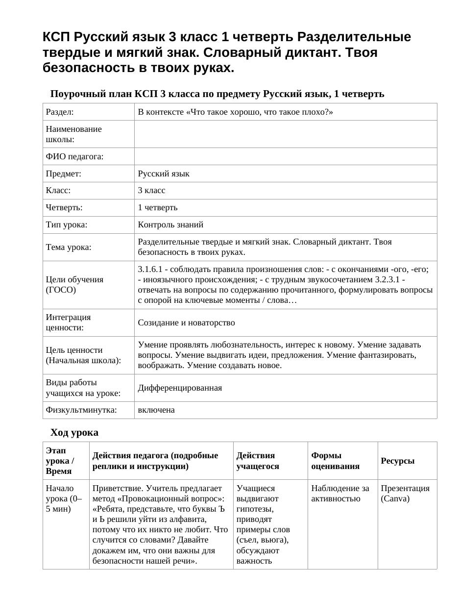 КСП Русский язык 3 класс 1 четверть Разделительные твердые и мягкий знак. Словарный диктант. Твоя безопасность в твоих руках.